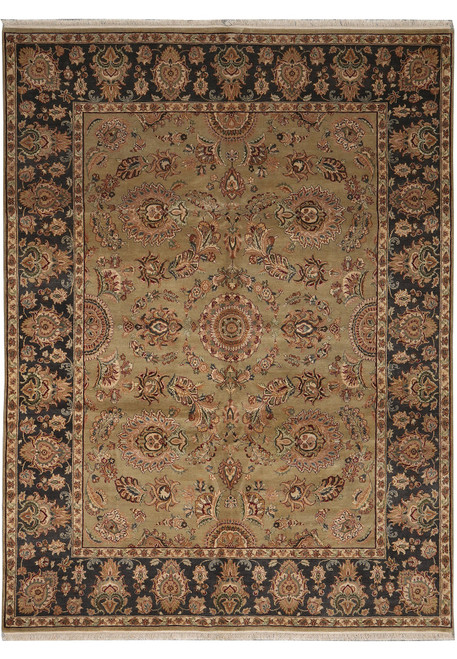 Olive green all-over floral field framed by a black border, full view of hand-knotted wool rug