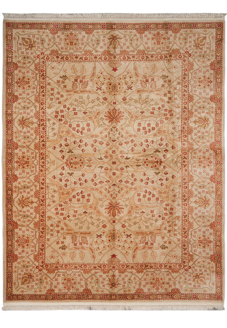 Beige and coral all-over floral Chobi Peshawar rug shown flat from above with ivory fringe