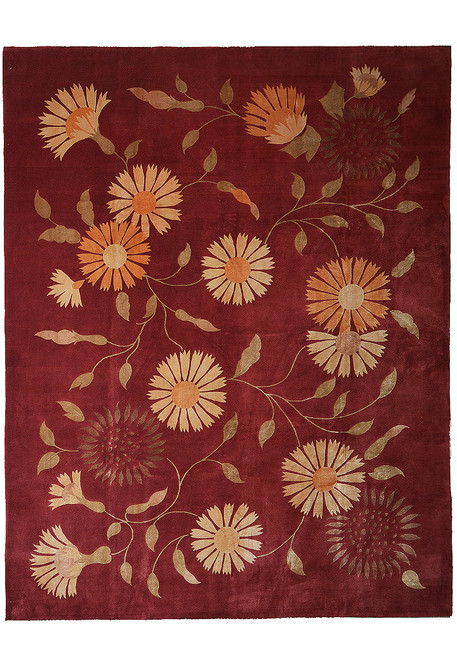 Burgundy Tibetan wool and silk rug with beige and orange daisies in all-over floral design