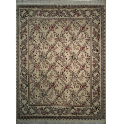 8' x 10'4" ivory wool rug shown flat with French country floral trellis and ornate borders