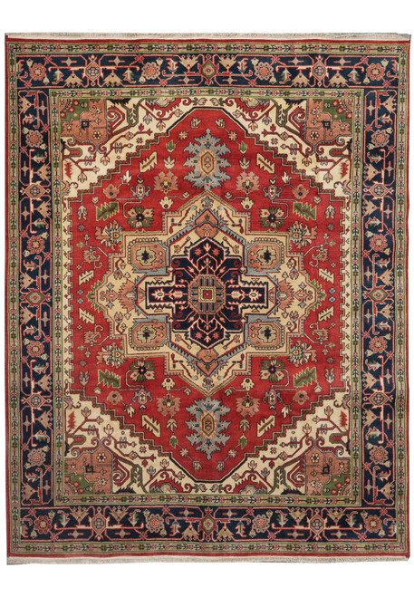 8 by 10 Serapi Heriz rug with brick red field, navy border and ivory corner spandrels