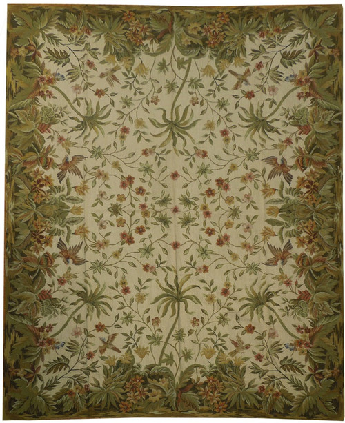 Ivory French needlepoint rug with olive green leafy border, scattered blossoms and birds, full overhead view