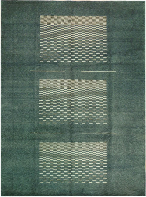 Pine green contemporary Tibetan rug with three ivory stacked bar panels on open borderless field