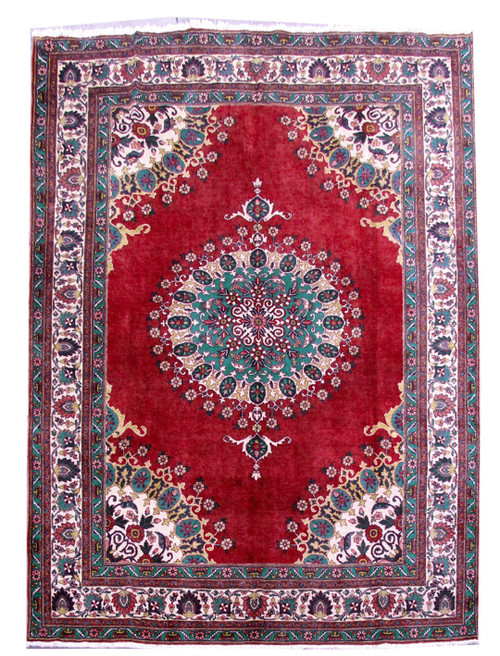 8'11" x 12'5" red Persian Tabriz rug with teal floral medallion and ivory spandrels