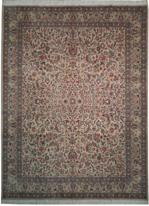 Ivory floral hand-knotted wool rug with rose and green allover vine pattern, full overhead view