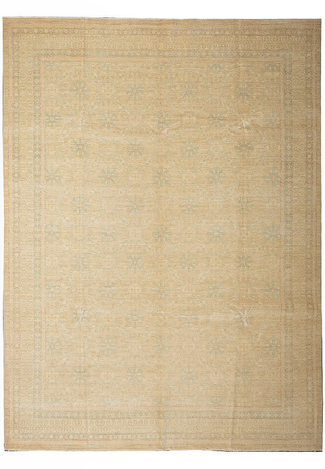 Full overhead view of 7'7" x 9'6" Ziegler Oriental rug, gold field with sage rosettes