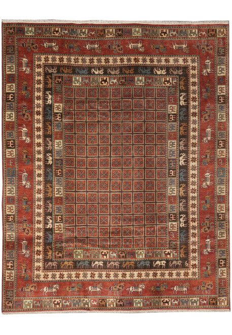 Full view of 7'11" x 9'9" Indian tribal rug with red grid field and animal borders