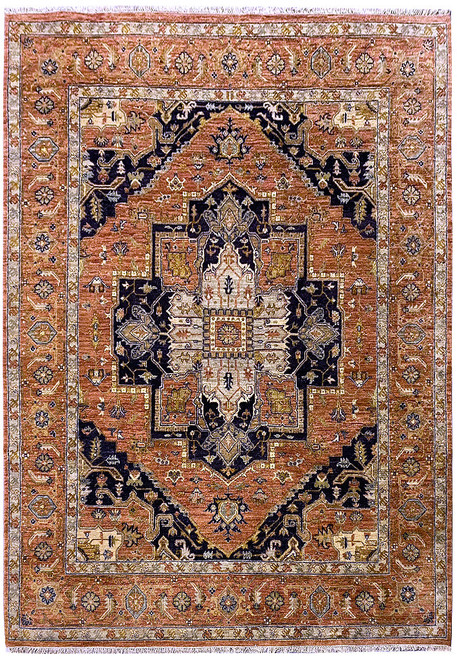 8' x 10' Serapi rug with rust field, black medallion and olive floral border