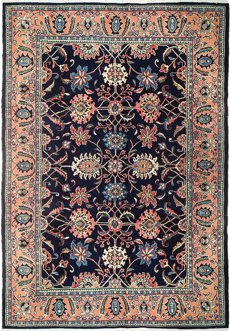 Navy blue field Persian Tabriz rug with coral border and all-over floral palmette design