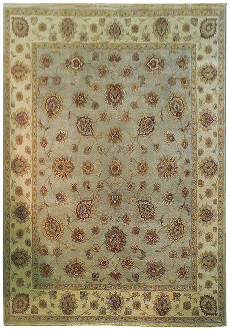 Sage green Chobi rug with ivory floral border, all-over palmette and vine pattern