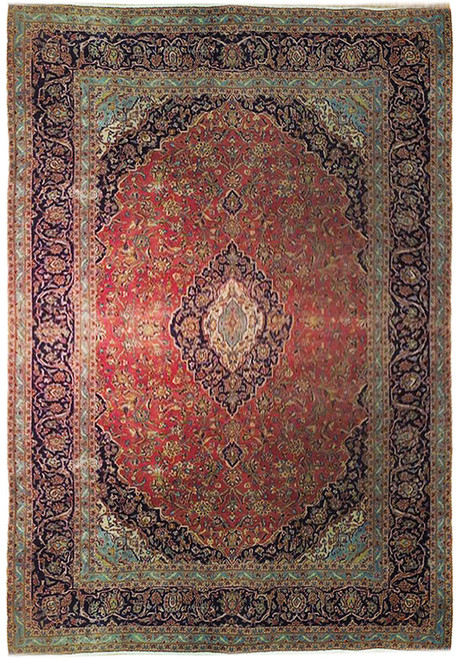 9'10" x 13' Persian Kashan rug with rust red field and navy floral medallion borders
