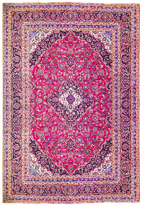 Magenta-toned studio view of Persian Kashan rug with ivory medallion and black floral borders