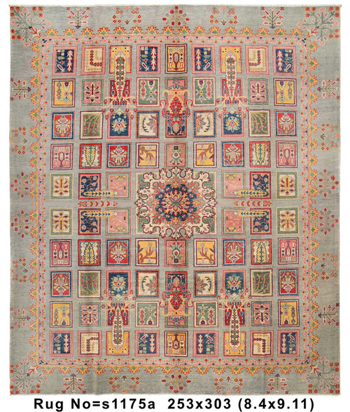 8'4" x 9'11" Kazak wool rug with light grey field and colorful floral panel compartments