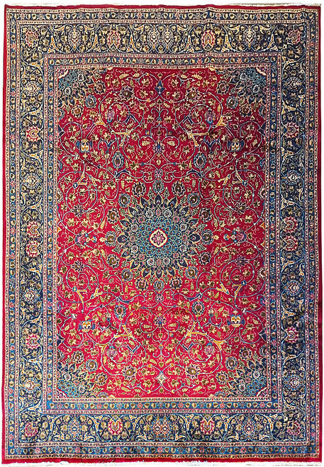 Full view of burgundy Persian Mashad rug with teal floral medallion and navy ivory borders