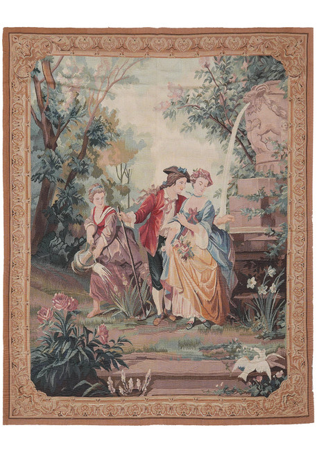 5'5" x 7'1" pictorial tapestry rug showing a courting garden scene with floral scroll border
