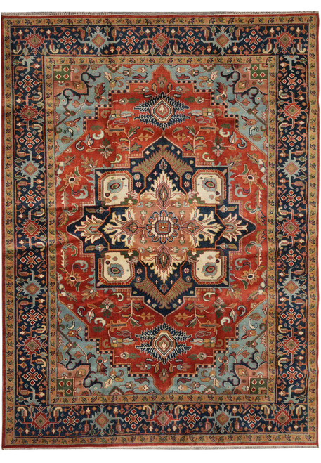 Full view of 8'9" x 11'9" Heriz Serapi rug with coral red field and navy border
