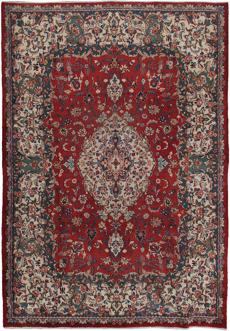 Full view of 8x11 Persian Tabriz rug with red field, ivory medallion and teal floral border