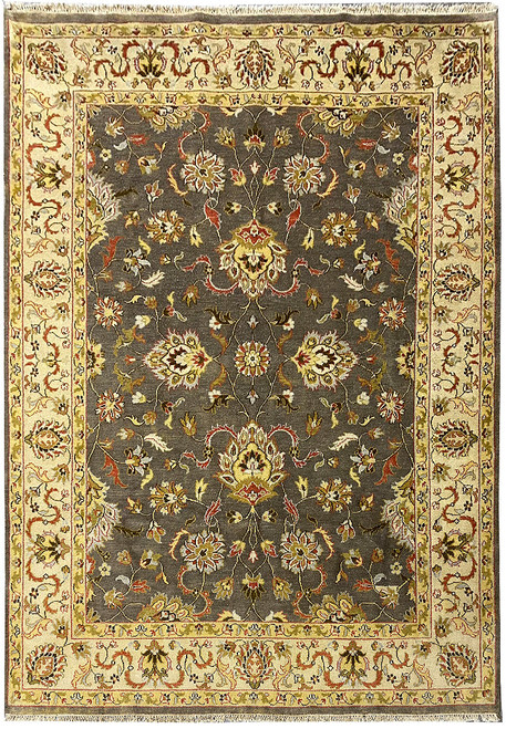 Full overhead view of 8' x 10' Agra rug with gray field and ivory floral border