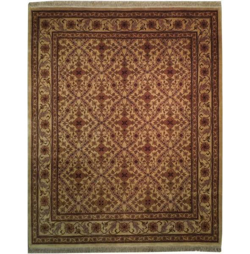 Beige Jaipur wool rug with burgundy rosettes and brown floral lattice, full overhead view