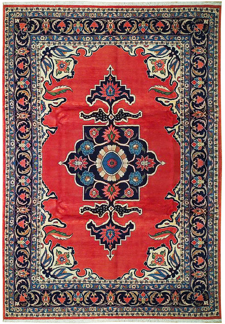Coral red Persian Sarouk rug with navy floral medallion, ivory spandrels and deep navy border