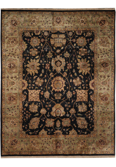 Black field 8' x 10' Jaipur wool rug with olive green floral border and gold palmettes