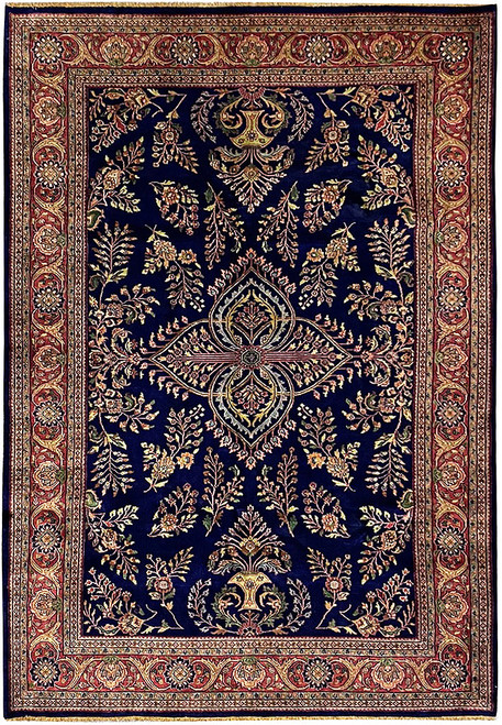 6'6" x 9'10" navy Sarouk design Oriental rug with rose-rust floral border, full overhead view