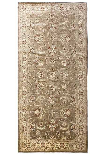 Full length 6' x 13'5" Chobi Peshawar gallery rug, brown field with ivory floral border