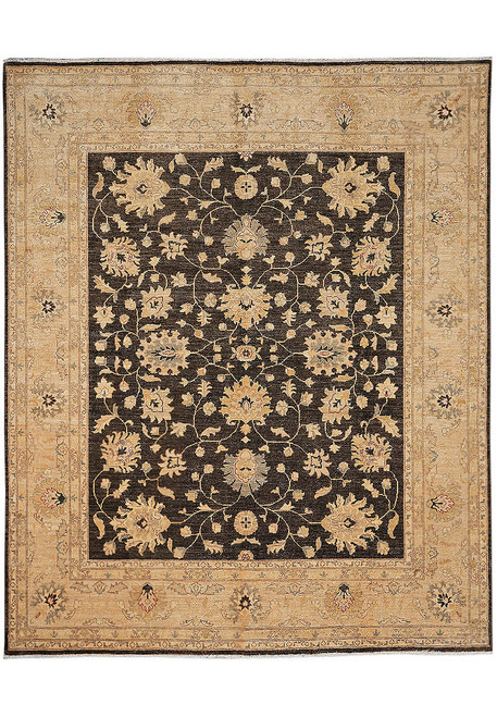 8'2" x 9'9" Chobi Ziegler rug shown flat, dark brown field with wide beige floral border