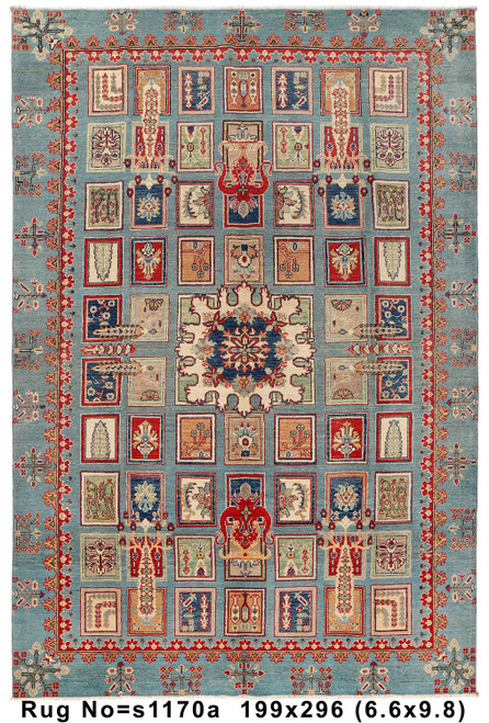 Full overhead view of the light blue Kazak rug with panelled field and ivory central medallion