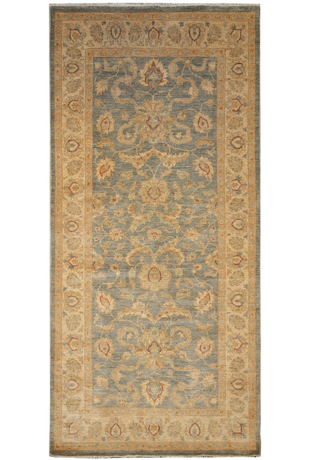 Full overhead view of the whole rug, grey-green field inside a wide gold floral border