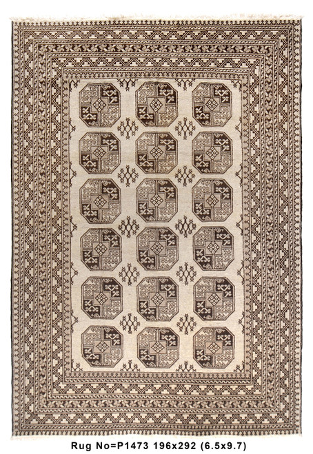 Whole rug seen from above, eighteen brown octagonal guls on a beige field inside stacked borders