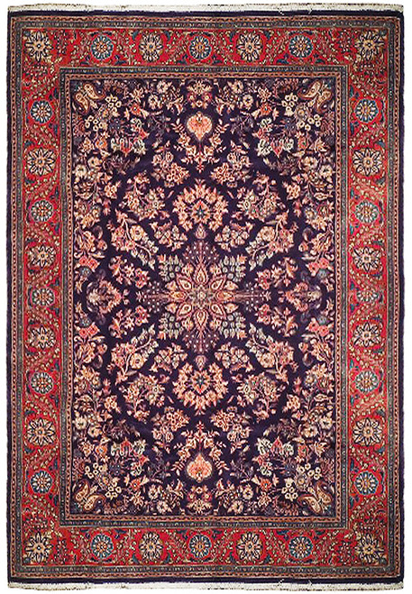 Full overhead view of the navy Sarouk with rust red rosette border and ivory fringe