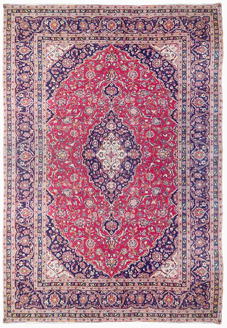 Full overhead view of the Kashan rug, red violet field, ivory medallion and dark triple border