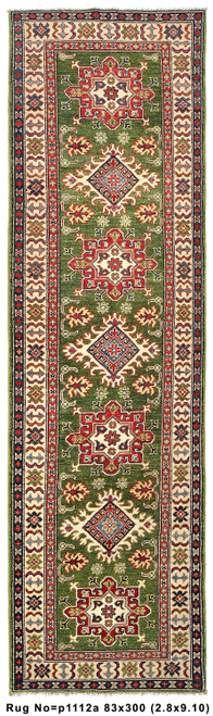 Full-length green Kazak runner with a column of red and ivory medallions and wide ivory border