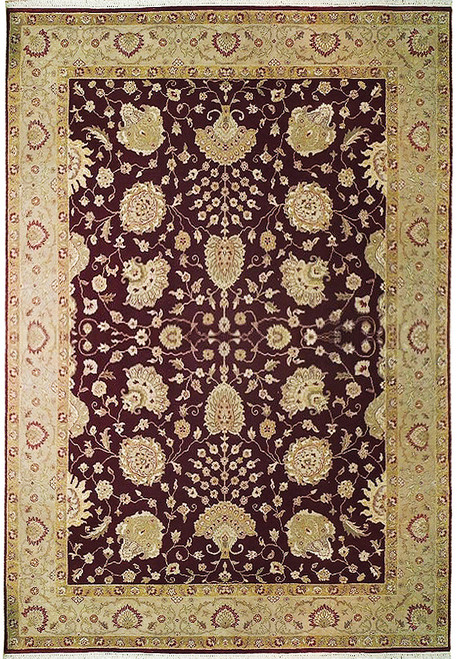 Full overhead view of wine red Chobi rug with gold palmettes and wide wheat brown border