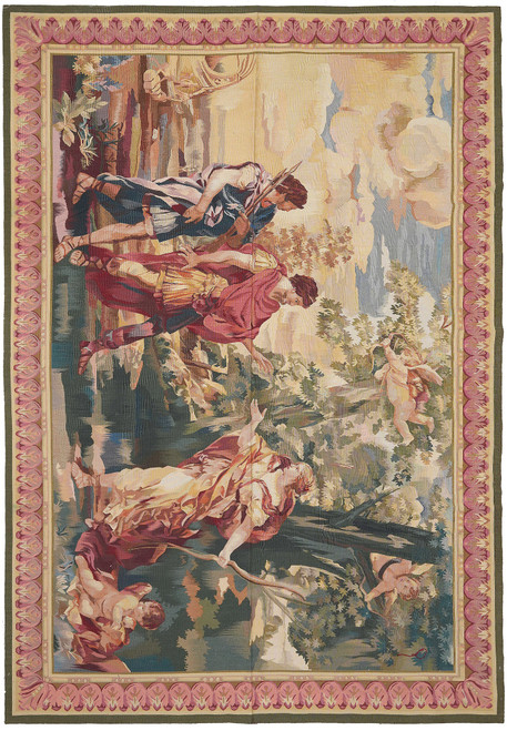 Full tapestry upright, figural woodland scene framed by a wide rose pink acanthus border