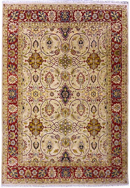 Full overhead view of the gold field with vine ovals inside a deep burgundy floral border