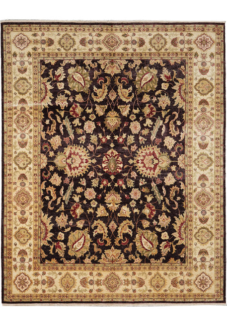 Whole rug seen from above, dark brown floral field framed by a wide beige border