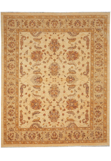 Whole rug photographed flat from above, ivory-beige field with gold border and all-over palmettes