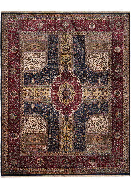 Full overhead view of the rug, compartment field framed by a wide burgundy floral border