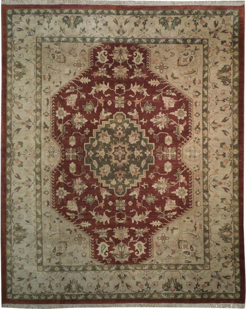 Full view of the rug with burgundy field, sage green medallion and wide beige floral border