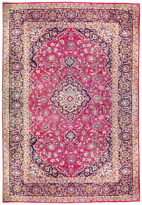 Full overhead view of the Kashan rug, ivory medallion centred on a red field with dark borders