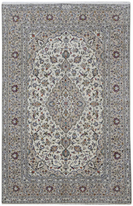 Full overhead view of the ivory Kashan rug, taupe lobed medallion, corner spandrels and floral borders