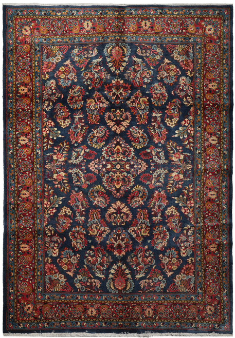 Full overhead view of navy blue Persian Sarouk rug with all-over floral sprays and red border
