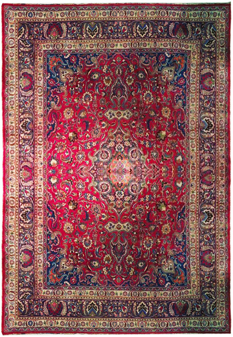 Red and indigo Persian Mashad rug with lobed floral medallion and ivory guard borders