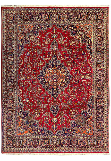Full overhead view of 9'9" x 12'9" Persian rug with deep red field and navy medallion