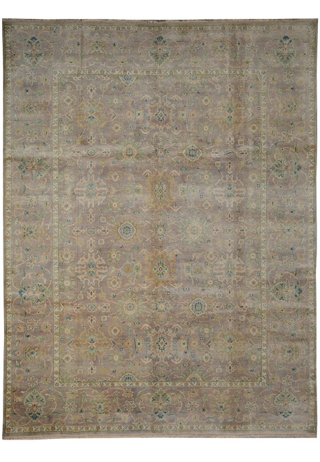 Full overhead view of 8'10" x 11'7" gray mauve Zigler rug with ivory floral border