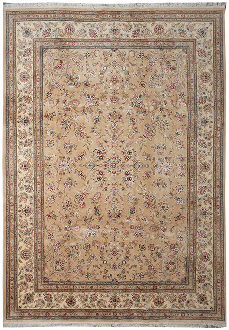 Khaki field all-over floral Oriental rug with ivory border and hand-knotted wool and silk pile