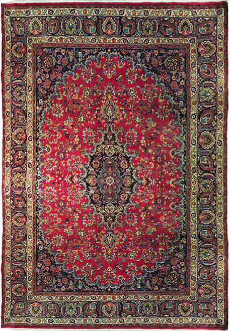 Full overhead view of red Persian Kashan rug with black medallion and ivory floral borders