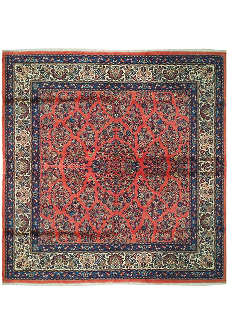 Dark coral Persian Sarouk square rug with ivory floral border and all over flowering lattice field